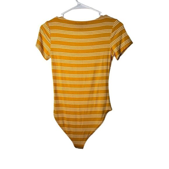 Mustard Yellow Striped Bodysuit Short Sleeve Deep V Neck Shirt S Forever 21 - Picture 2 of 5